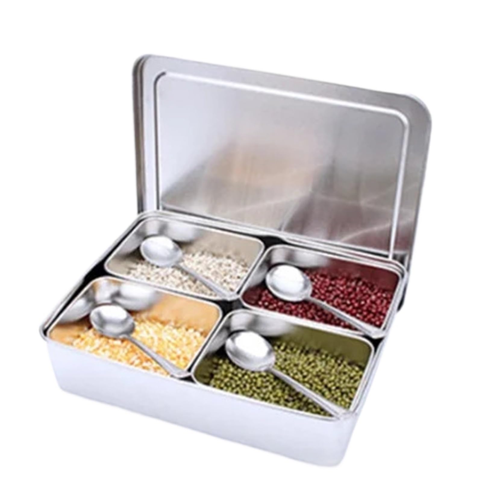 UBOHUZ Kitchen Food Storage Container Compartments Stainless Steel Seasoning Box Containers With Lid Rectangle Chef Tools for Kitchen Condiment(4grid 29x23xH7cm)