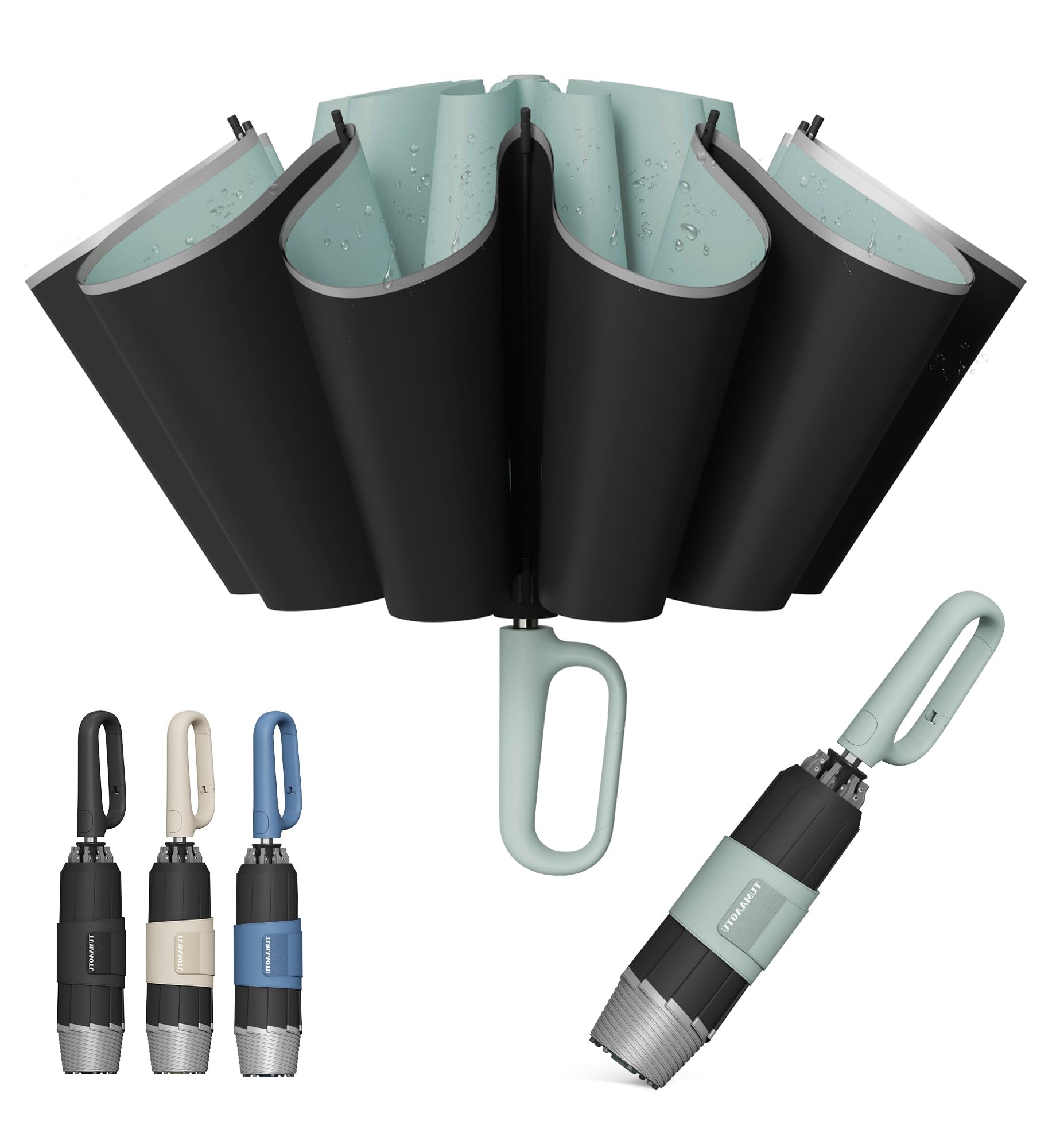 QWB TUMAAOTU Inverted Umbrella with Carabiner Handle, Compact Wind Proof Umbrellas For Rain and Sun Protection, Portable Reverse Folding Umbrella, Car