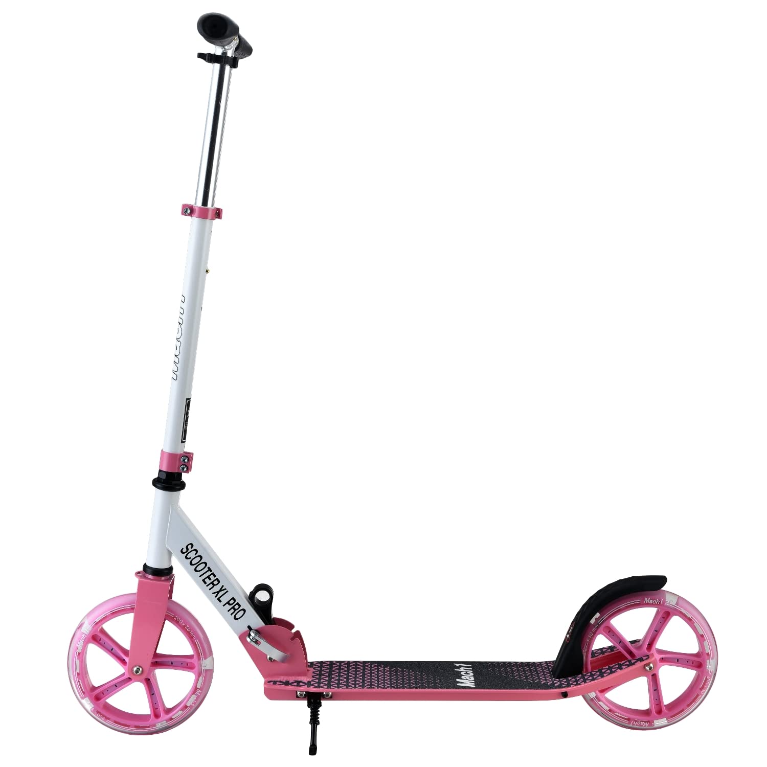 Mach1 Kick - Patinete de aluminio para ciudad, tamaño XXL, 200 mm, LED, ruedas para adultos y niños, plegable, color blanco y rosa