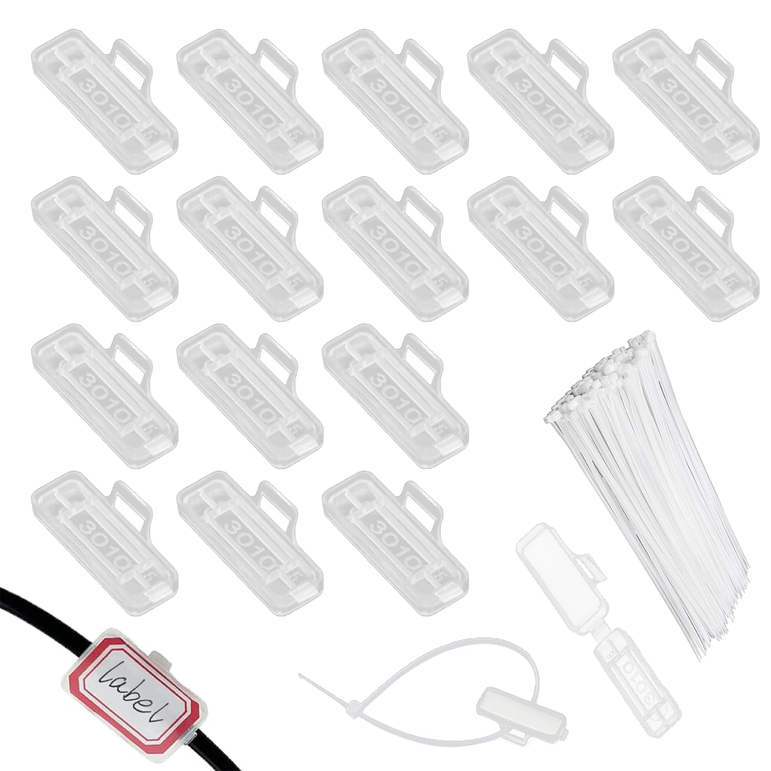 RHQFDM 60-Piece Cable Label Holder Set,3×1cm Transparent Wire Labelling Clips,with 60Pcs Nylon Cable Ties,Protection and Identification for Indoor and Outdoor Wire Labels(3010)