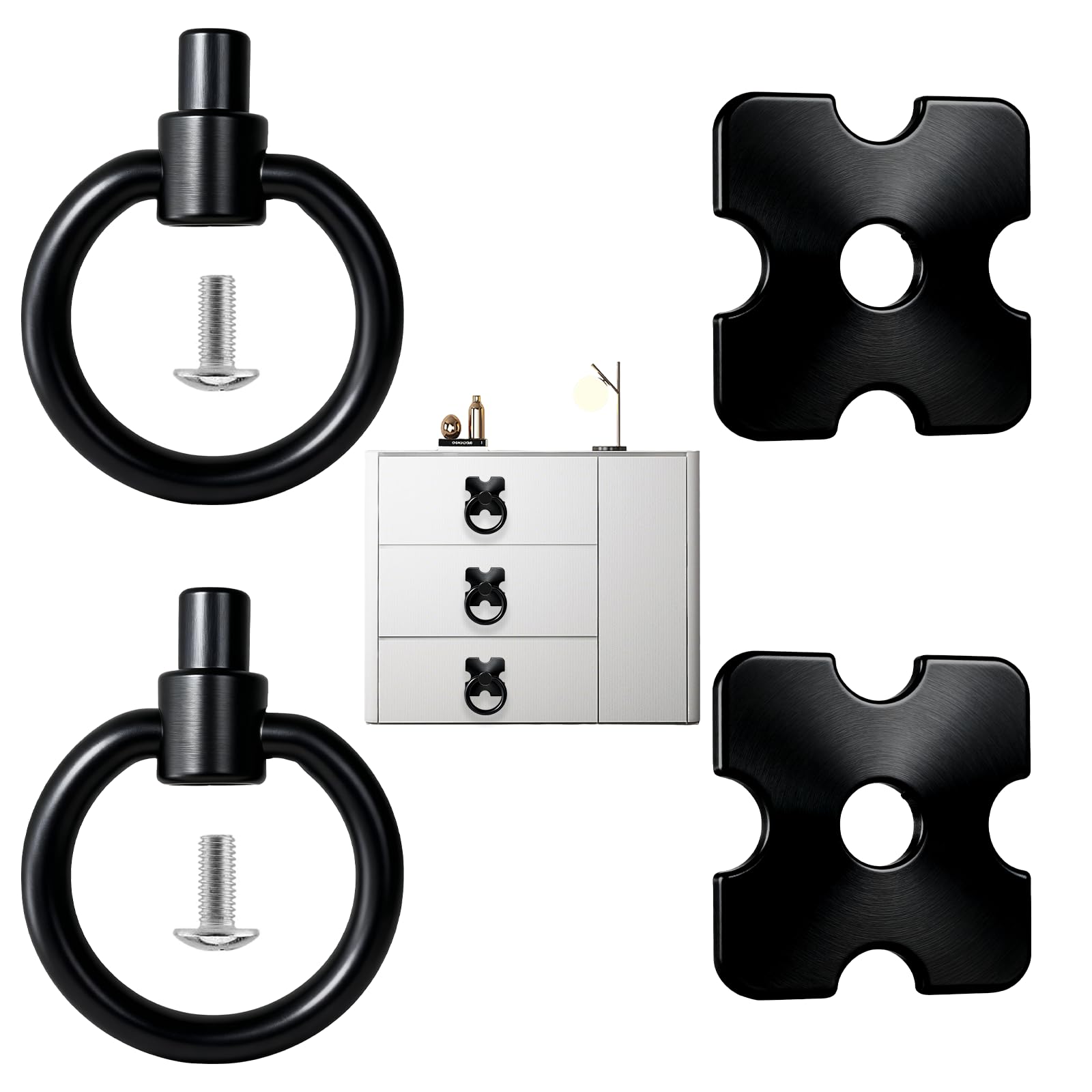 Nurhore 2 Pcs Black Drawer Handles, Vintage Metal Drawer Ring Knob Handles