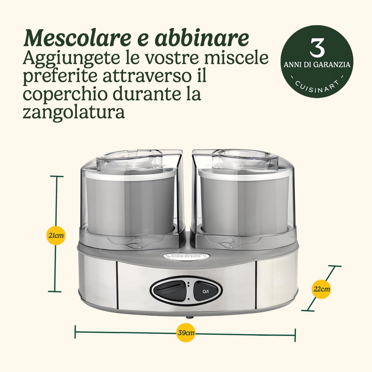 Cuisinart Duo Ice Cream Maker | Sforna 2 gusti contemporaneamente | 2 x 1L Macchina per gelati e gelati fatti in casa | Sorbettiera | Gelatiera | Yogurtiera | Grigio
