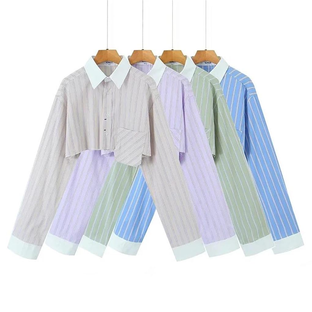 Camicia corta a righe da donna con bottoni sul davanti, maniche lunghe, colletto con risvolto e tasca