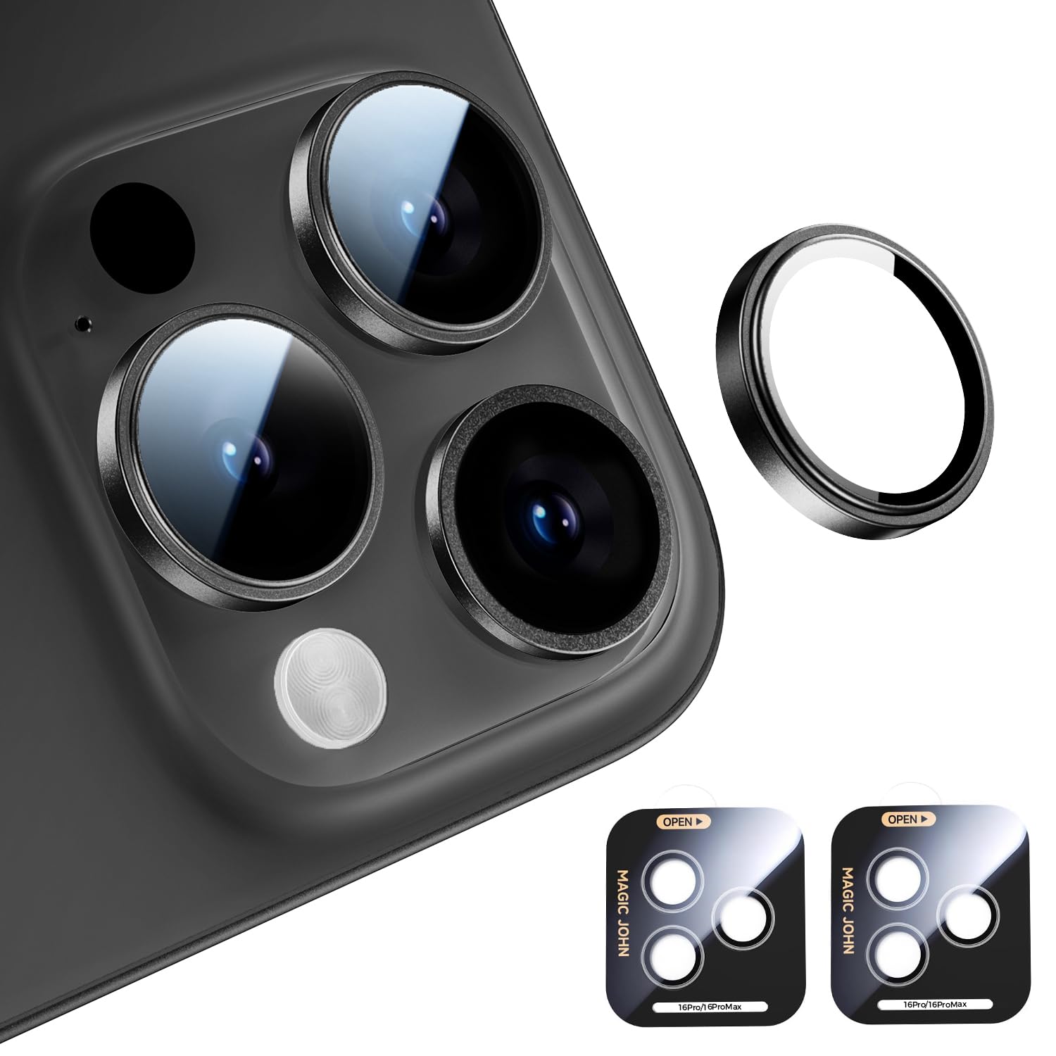 【2枚セット】MAGIC JOHN 対応 iPhone 16 Pro/16 Pro Max カメラ保護 全面保護 ガイド枠付き 貼りやすい 黒縁取り カメラカバー レンズカバー 防塵 航空用アルミ合金 ブラック