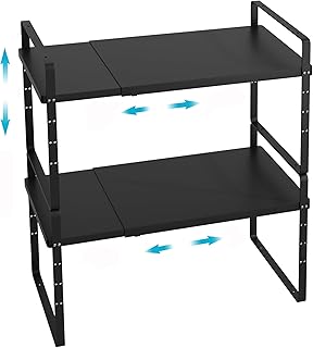 iPEGTOP 2 Pack Expandable Cabinet Storage Shelf Organizer Rack, Heavy Duty Steel Metal Spice Rack Adjustable Height Office Garage Pantry Shelf Space Riser for Counter Kitchen Organization, Black