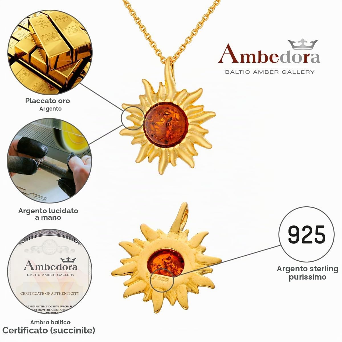 Collana Donna Piccolo Sole Con Ambra, Argento Placcato Oro, Ambra Baltica Rotonda Color Cognac, Ciondolo in Argento con Catenella