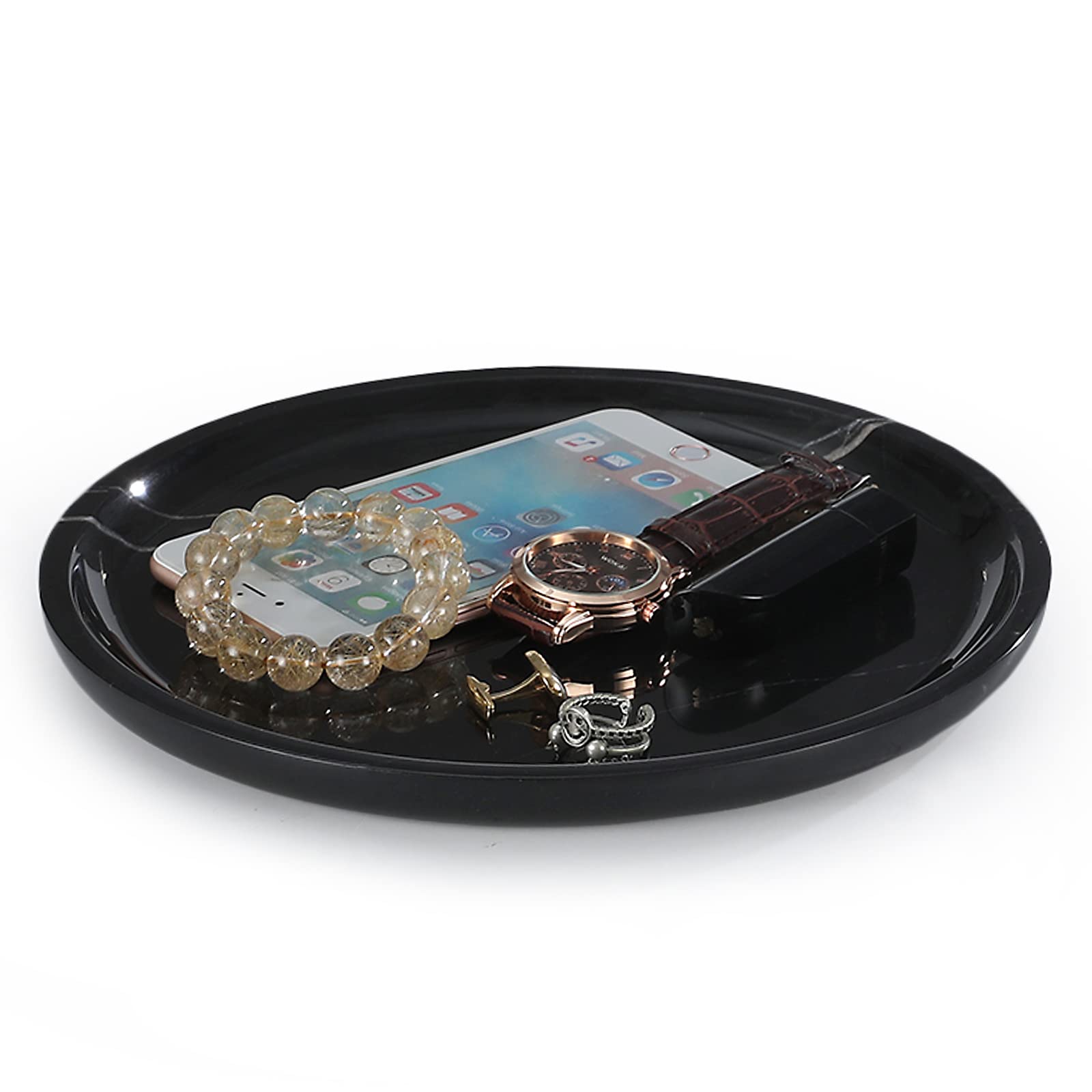 Bandeja de mármol natural de lujo real, bandeja de almacenamiento de mármol genuino para decoración del hogar, bandeja de piedra para baño, cocina, tocador, tocador, sin resina (negro, 8 pulgadas)
