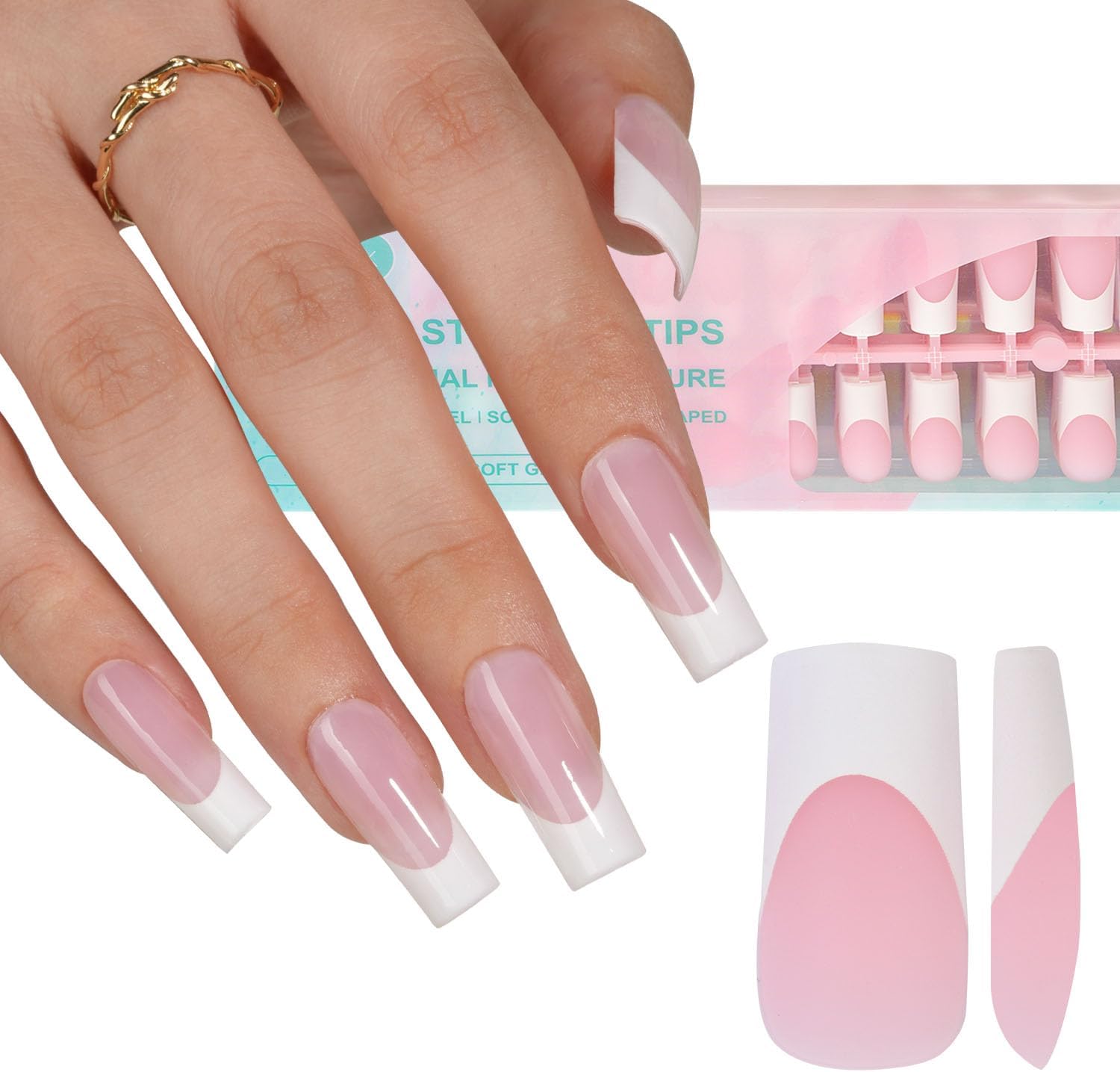 French Gel Nail Tips, 240Pcs French Tip Press on Nails Long Square Pink, No Need to File Tips Pre-lasting, Fake Nails for Nail Art DIY 15 Sizes