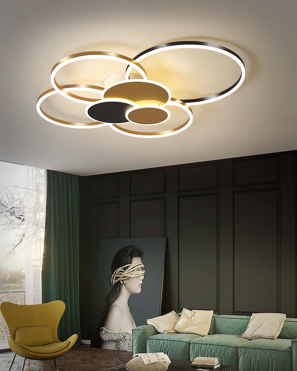 Lampadario LED dimmerabile a 7 anelli-Plafoniera moderna in metallo e acrilico con telecomando luminosità regolabile per il soggiorno la camera la sala da pranzo e l'ufficio (oro nero, 80cm)