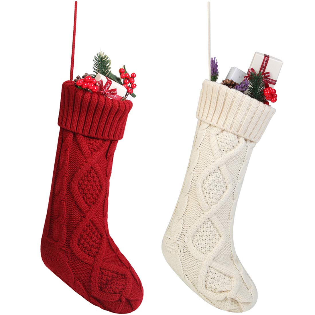 Free Yoka Cable Knit Christmas Stockings Kits Solid Color White and Red Classic Decorations 18'', Set of 2