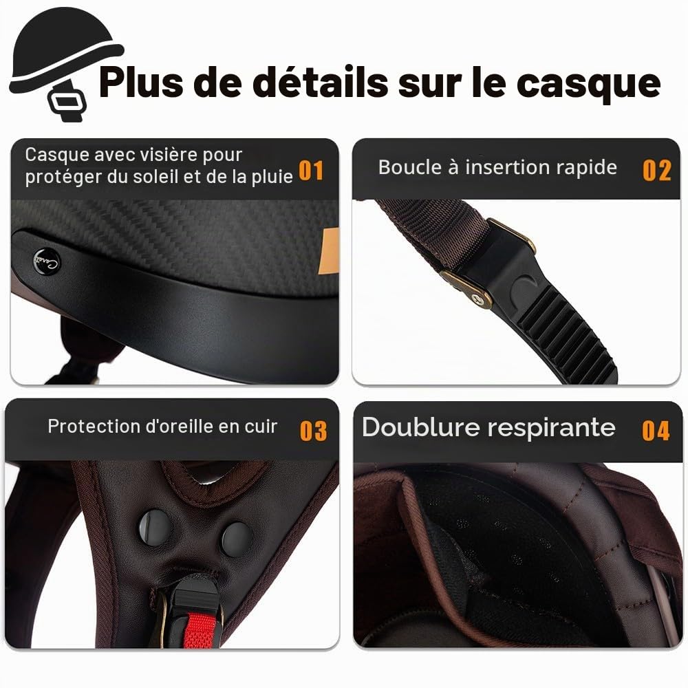 Demi-Casque de Moto, Casque Moto Rétro, Casque Jet ECE2206 Homologué, Casque Moto Cyclomoteur avec Visière, Casque de Moto Hommes et Femmes, pour Moto et Scooter, M~XXL