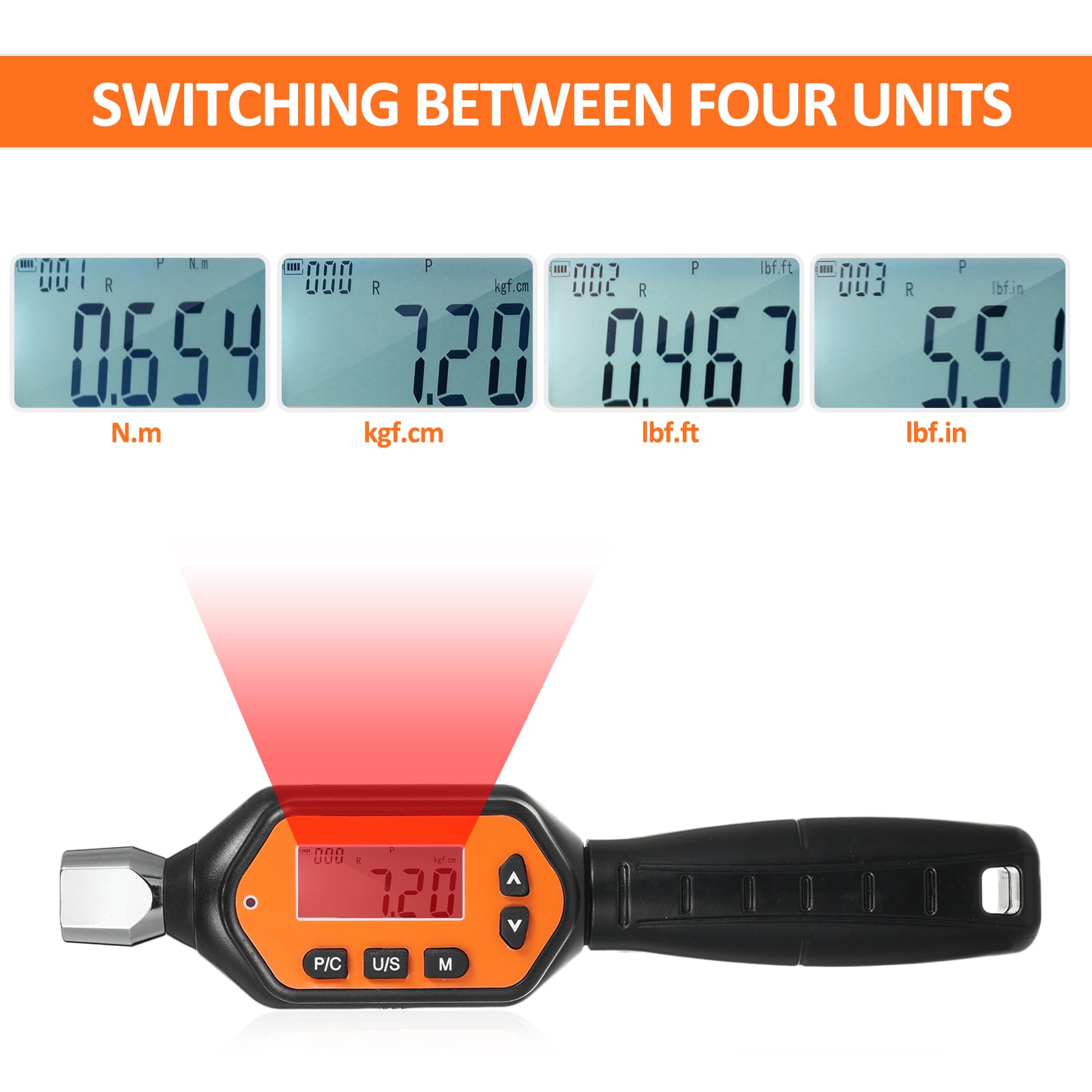 EWM-R-10 - Llave dinamométrica digital de cabeza intercambiable de 1/4 pulgadas, portátil, pantalla grande con sonido retroiluminado, alarma LED, modo preestablecido de pico en tiempo real, 3