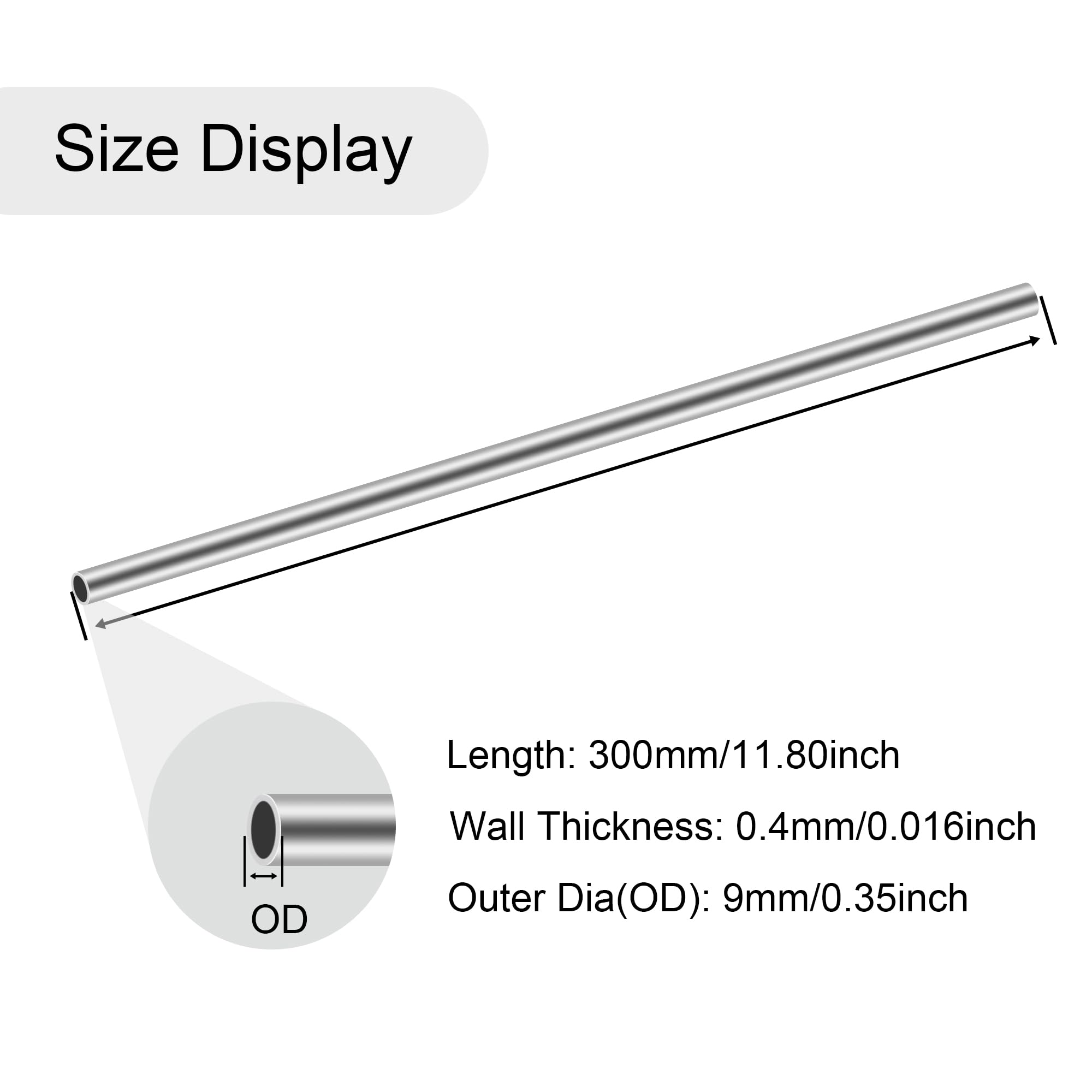 Tubo in acciaio inossidabile 304 300 mm 9 mm x 0,4 mm senza cuciture 4 pezzi