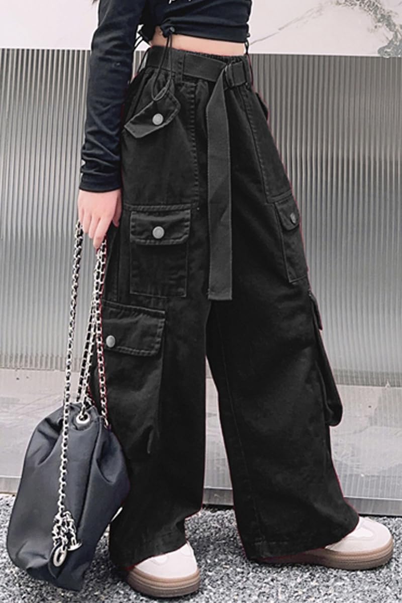 AOWKULAE Girls Loose Casual Pants Cargo Pants Waist Wide Leg Pants Kids 6-14 Years - Image 2