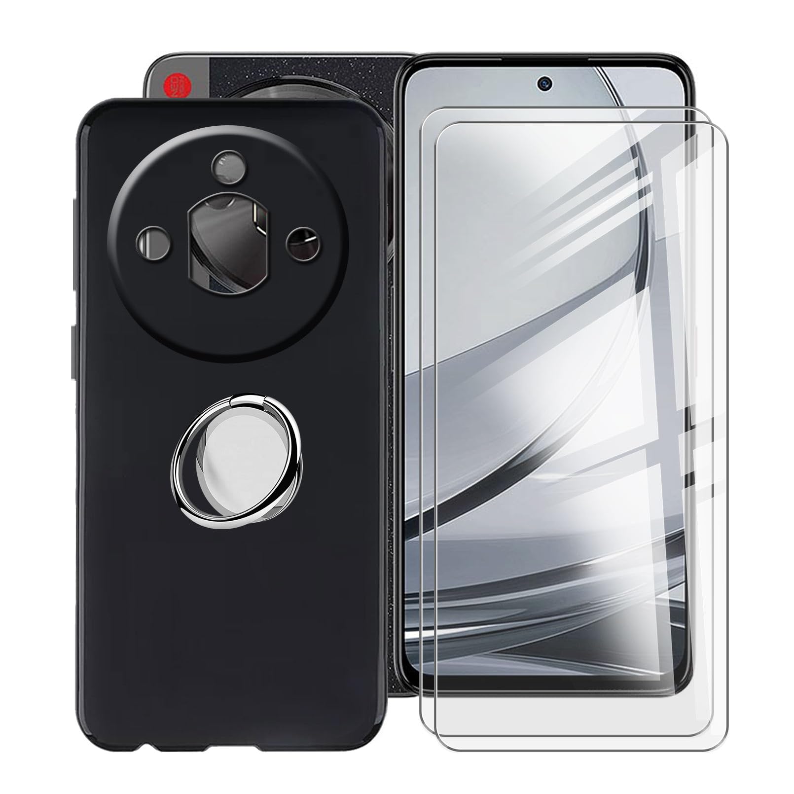 YQINHHME Black Case for Nubia Focus Pro 5G (6.72") with 2 X Screen Protector + 360° Magnetic Ring Holder, Slim Shockproof Protective Cover Soft