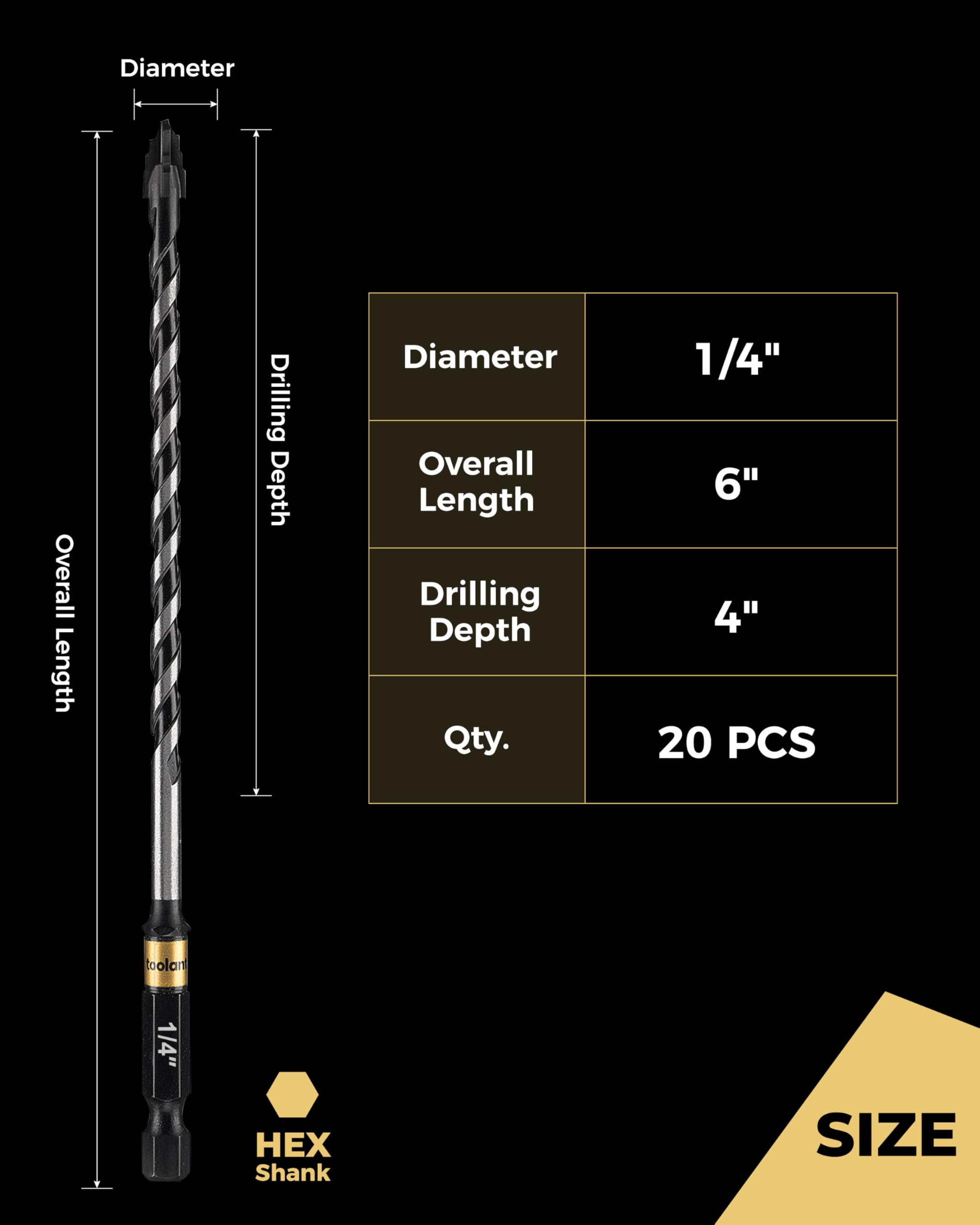 toolant Set di punte eccentriche seghettate da 1/4" per muratura (20 pezzi), punte da trapano a quattro bordi per calcestruzzo per vetro, piastrelle, mattoni, cemento, cemento, plastica, punta in