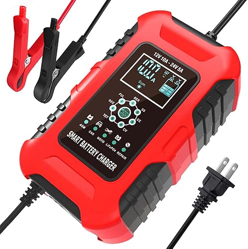 Foxsur Cargador de batería de coche de 7 etapas de 10 amperios para baterías húmedasgelSLALiFePO4plomoAGM, cargador de batería inteligente de 12 V24