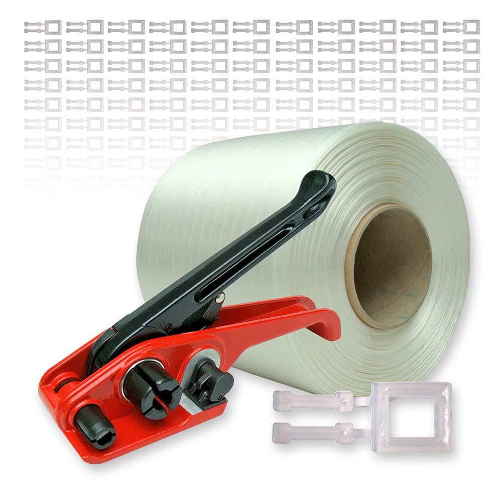 VEMATEC Umreifungsset 9 mm mit Spanngerät, 500 m Polyester-Textilumreifungsband und 250 Verschlussschnallen für PKW, LKW und mehr