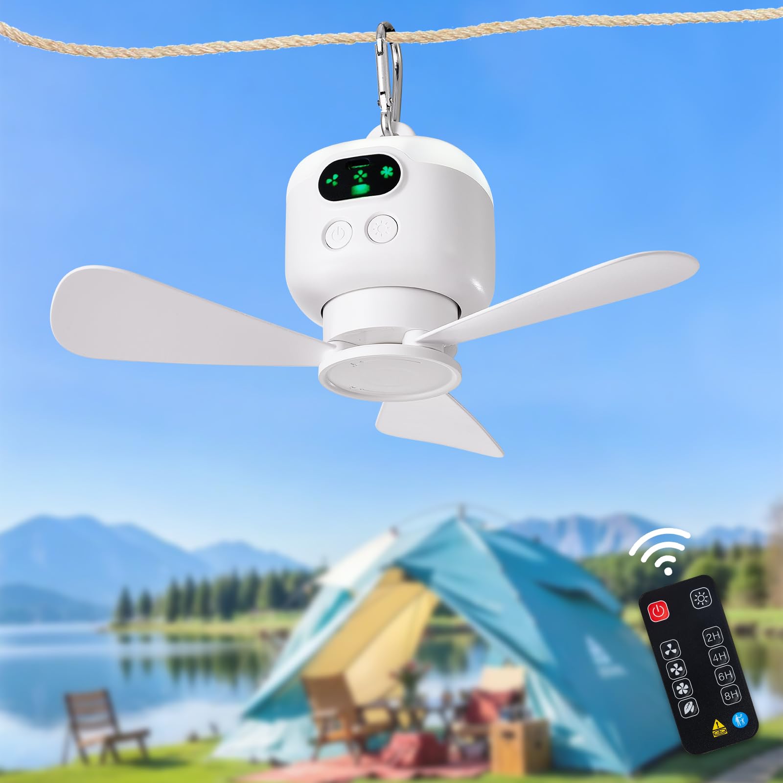 DIGLED Battery Operated Ceiling Fan: 11" Portable Camping RV Tent Fan with Lights - Outdoor Hanging Rechargeable 8000mAh - Hook Type Remote Fans for