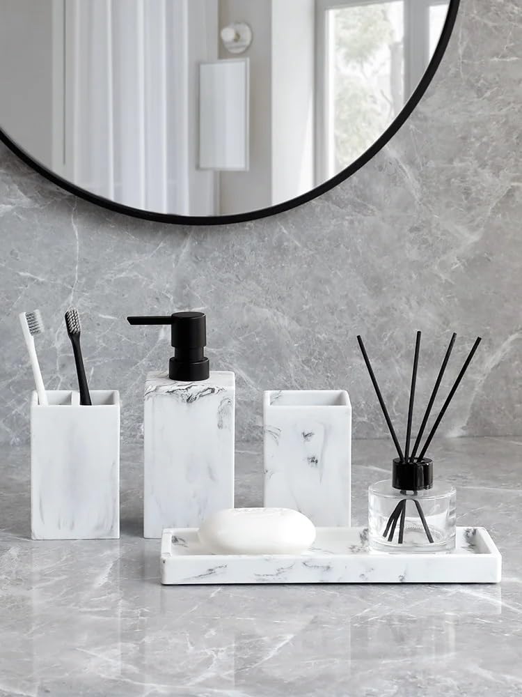 Accesorios BañO Set Accesorios De Baño Dispensador Jabón Y Loción con Diseño Mármol Completo, Soporte For Material Resina, Blanco Negro(White 4 pcs)