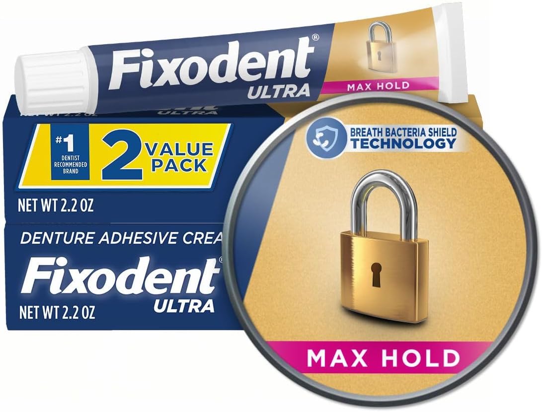 Fixodent Ultra Max Hold Denture Adhesive, White, 2.2 Oz (Pack of 2)