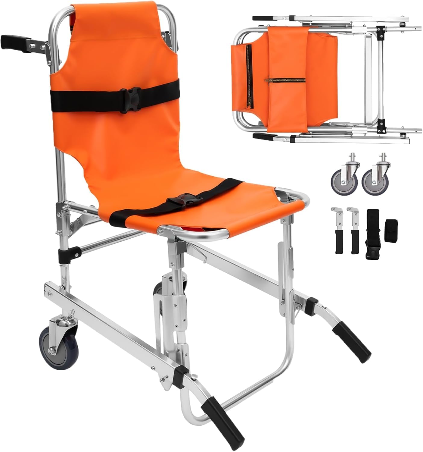 EMS Chaise d'escalier avec ceintures de sécurité, pliable, 160 kg, en alliage d'aluminium, 2 roues, ambulance, évacuation pour personnes âgées, handicapés