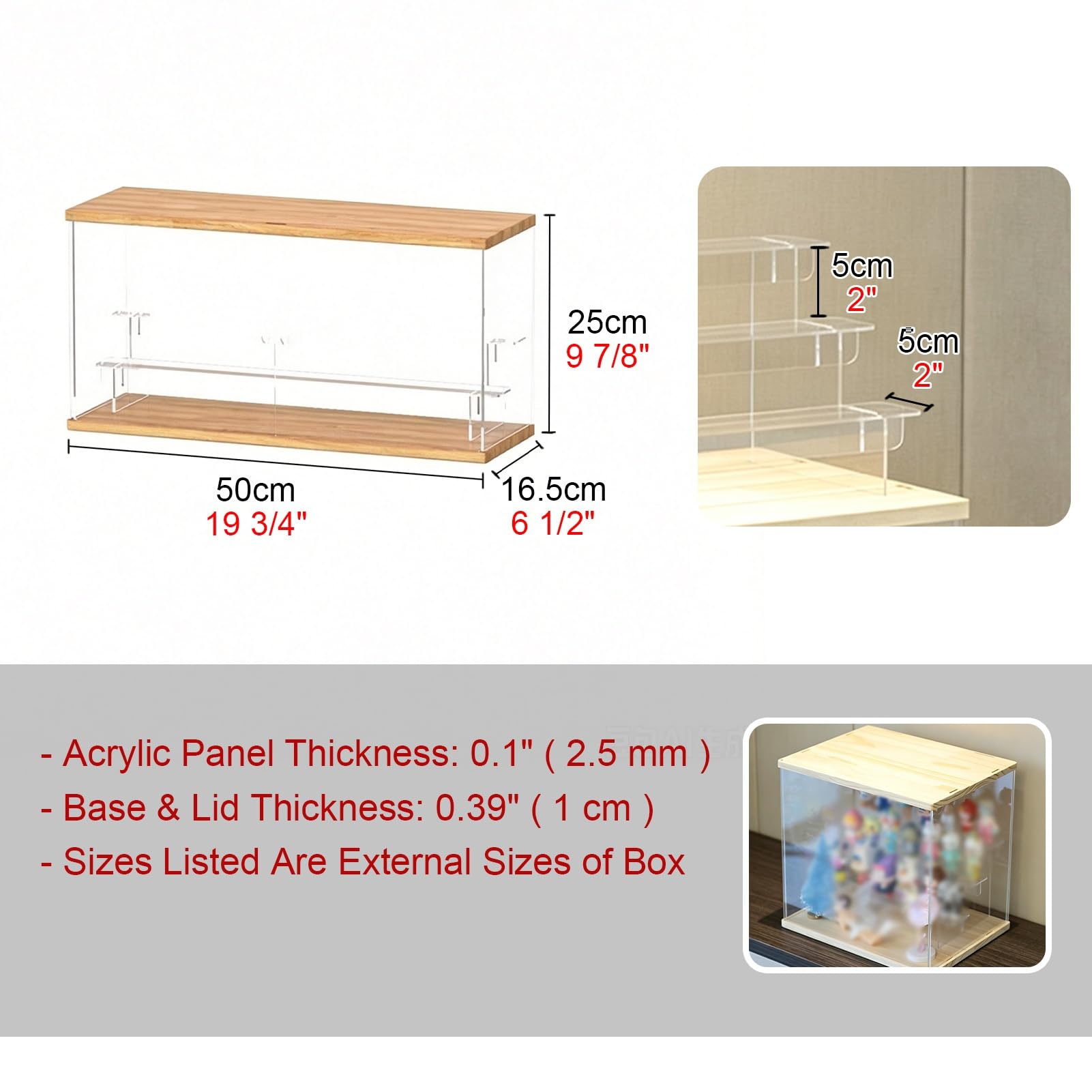 Teca Plexiglass Vetrina Espositiva Multistrato in Acrilico con Supporto | Vetrina con Ripiani Rimovibili e Frontale Aperto, Lunga 50 cm, con Base e Coperchio in Legno, Ideale(3 Tier-50x16.5xH25cm)