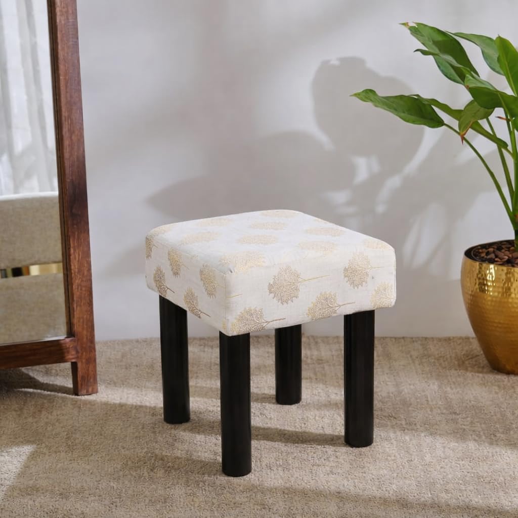 Wooden Ottoman Pouffe Stool Beige Color | Cotton Cushioned Puffy Sitting Footrest Pouf | Multipurpose Stylish Side Stool for Living Room, Bedroom, Kids Room & Dressing Table Decor Walnut Finish