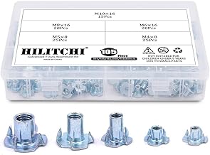 Hilitchi 105-Pcs M4 5 6 8 10 Zinc Plated Steel T Nuts Four Claw Nuts Assortment Kit for Wood Rock Climbing Holds Cabinetry Furniture