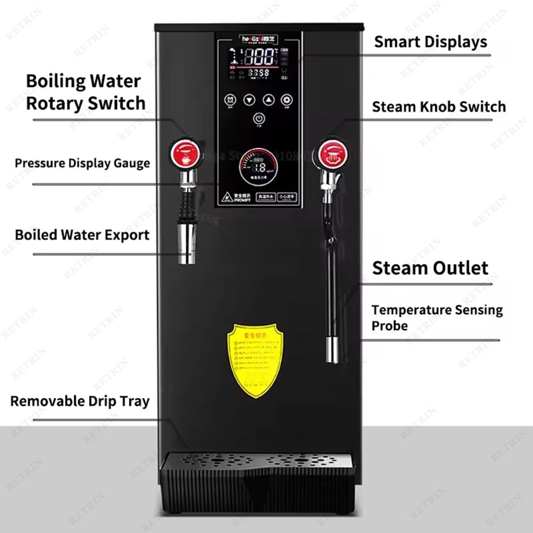 Komercyjny spieniacz do mleka parowego – automatyczny spieniacz do mleka 2200 W ze zbiornikiem 12 l, podwójne zawory 360°, wyświetlacz LED do kawiarni i sklepów z herbatą