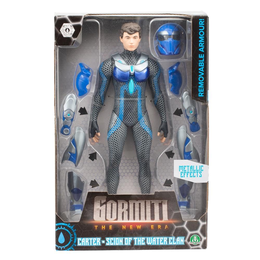GORMITI THE NEW ERA, Carter, Scion of the Water Clan, with Removable Armour, 27 cm Articulated Action Figure, With Removable Helmet and Silver Effect Armor, for Children from 4 Years Old
