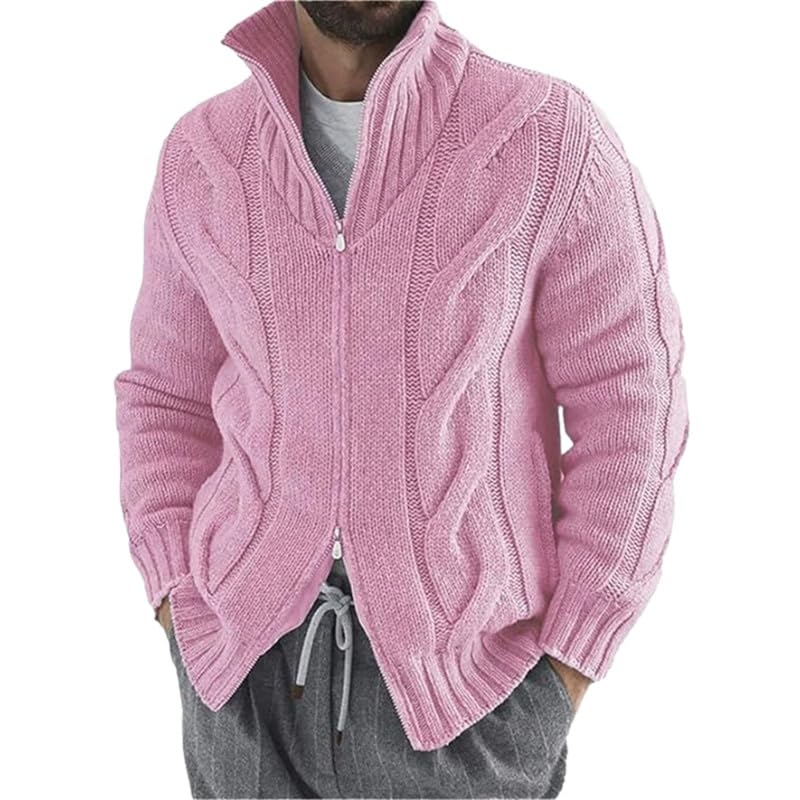 angeer Men's Cable Knit Cardigan Sweater with Button Closure and Pockets for Autumn and Winter | Pink | S-picture-23