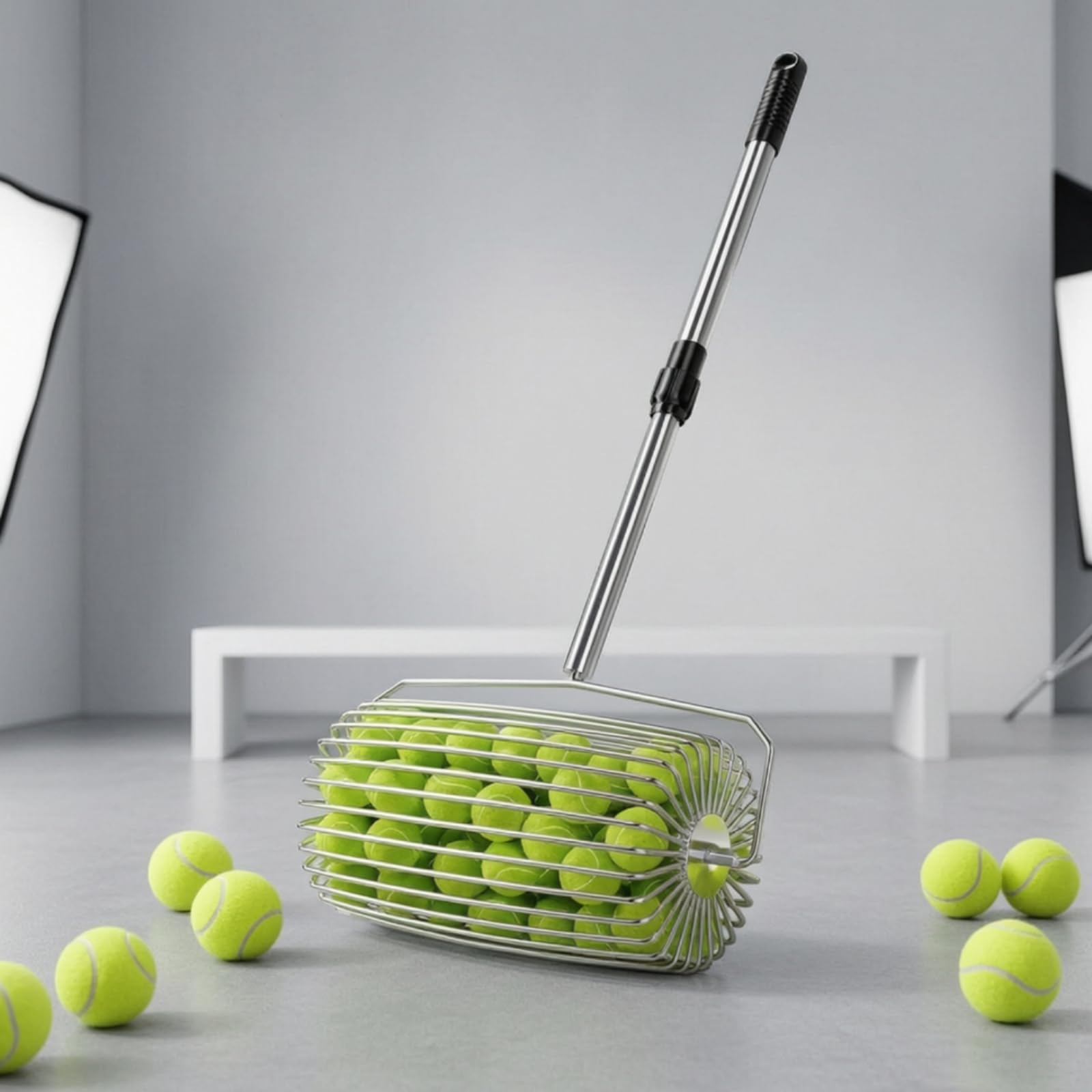 MERIGLARE Ramasseur Balles Tennis avec Manche Télescopique 78 à 115 Cm et Poignée Noire Confortable pour Une Utilisation Efficace Pendant Les Séances d'Entraînement Sportif.