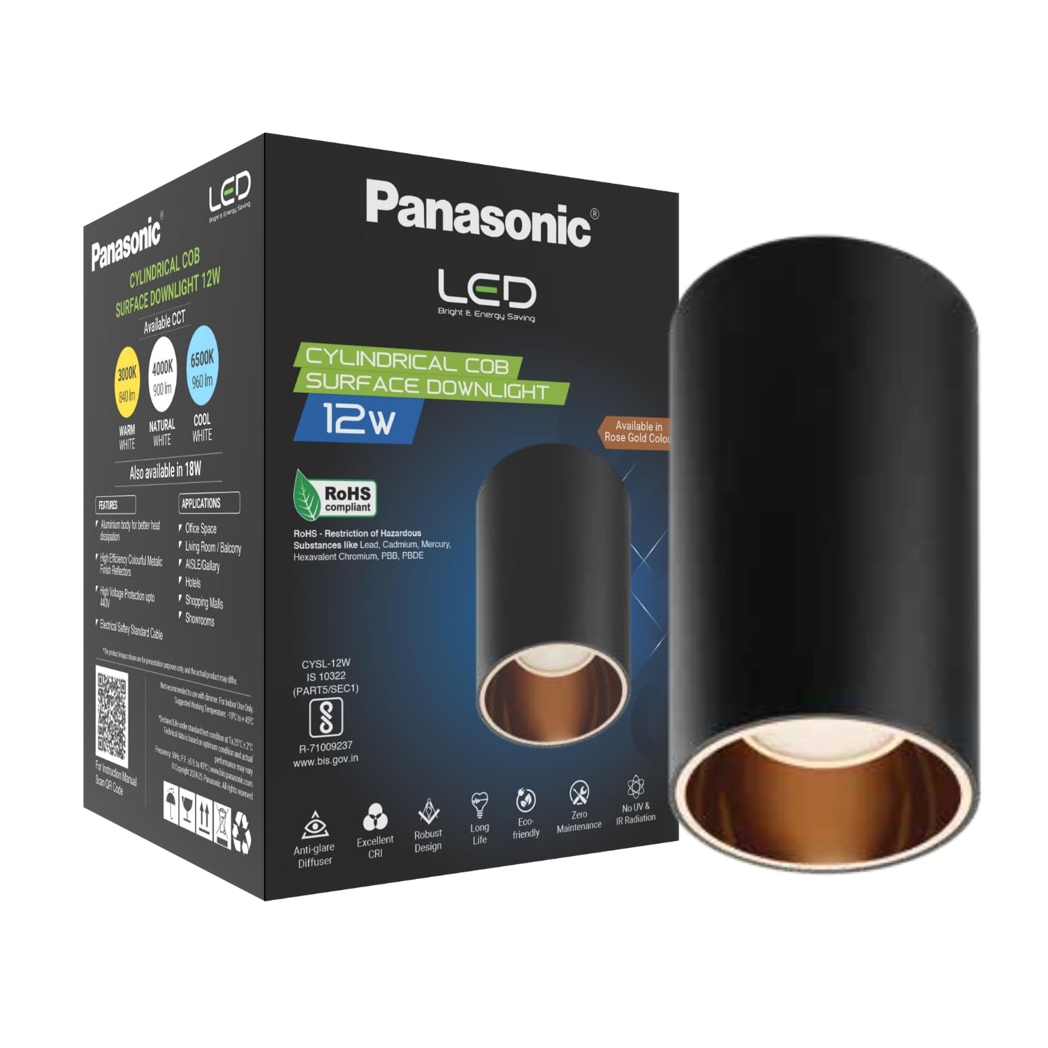 Panasonic 12W Cylindrical Surface Spot Light, Rose Gold Reflector, Ceiling Light for Home with Rose Gold Reflector (Warm White - PDSM02123)-image-12