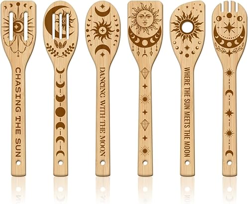 GLOBLELAND Juego de 6 cucharas de cocina de bambú con diseño de sol y luna, juego de cucharas de cocina grabadas de madera, juego de espátulas de