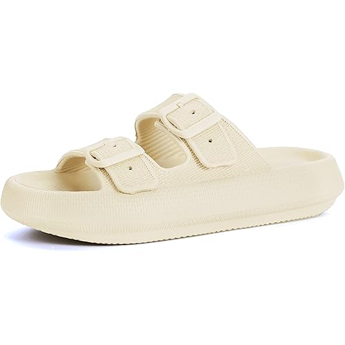 BRONAX Pillow Slippers for Women and Men | Adjustable Double Buckle Shower Slides | Cushioned Thick Sole Sandals