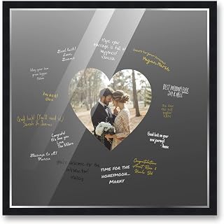 20x20 Square Black Autograph & Signature Picture Frame With Black Heart Opening Photo Mat for 8x8 Pictures Wooden Picture Frames - Birthday Signing Board, Matted Signature Frame