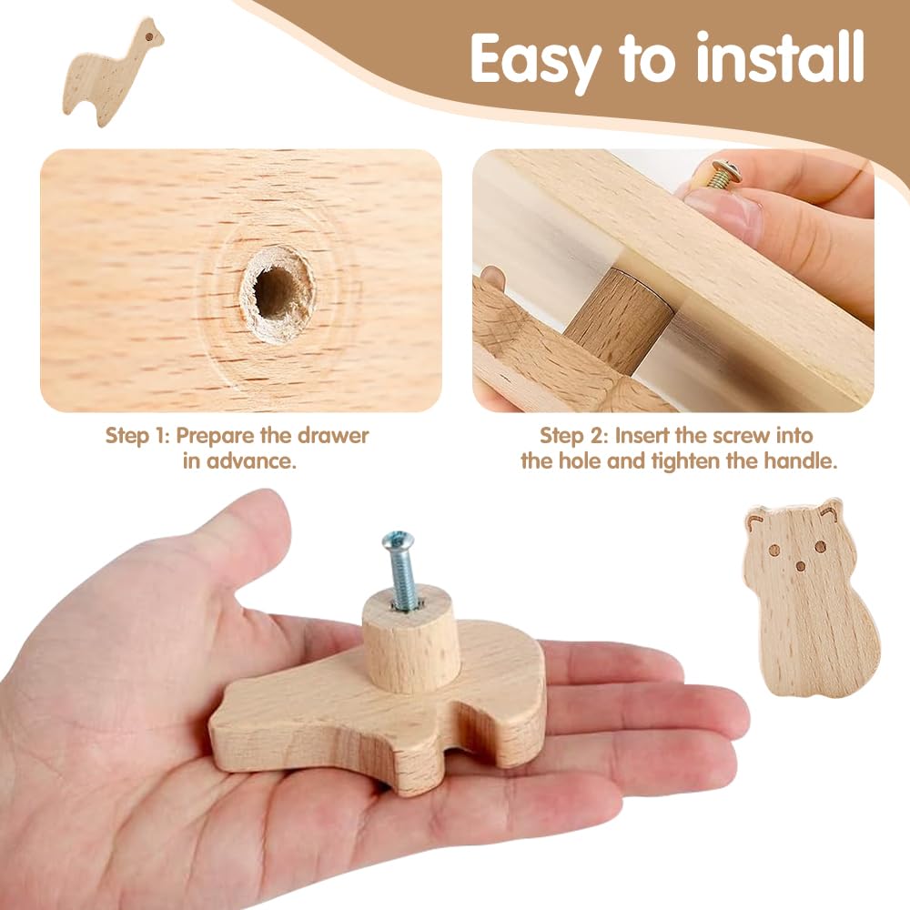Pomelli per Mobili Bambini,12 pezzi Pomelli per Mobili,Pomelli Legno,Maniglie per Mobili Bambini,Pomelli per Armadi,Pomelli Armadio Bambini Animali con Viti,Adatto per La Cameretta Dei Bambini