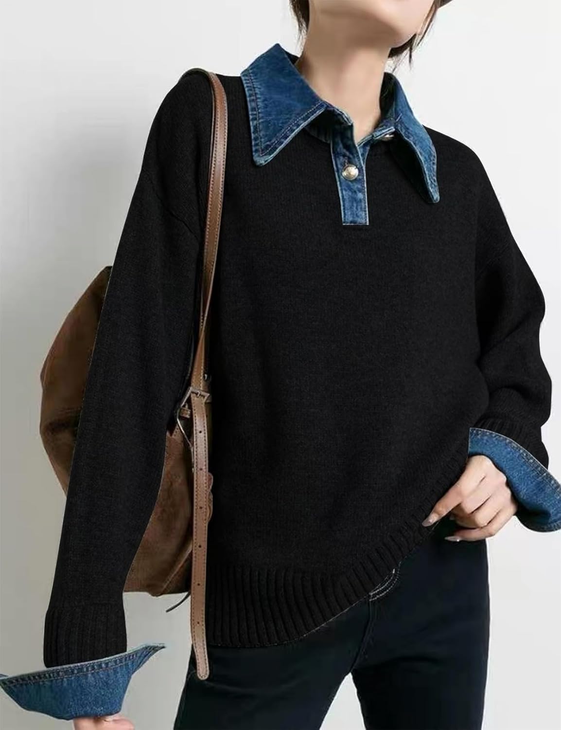 Womens Fall Oversized Long Sleeve Sweaters 2 in 1 Denim Panel Lapel Sweater Polo Knit Sweater Tops - Image 2