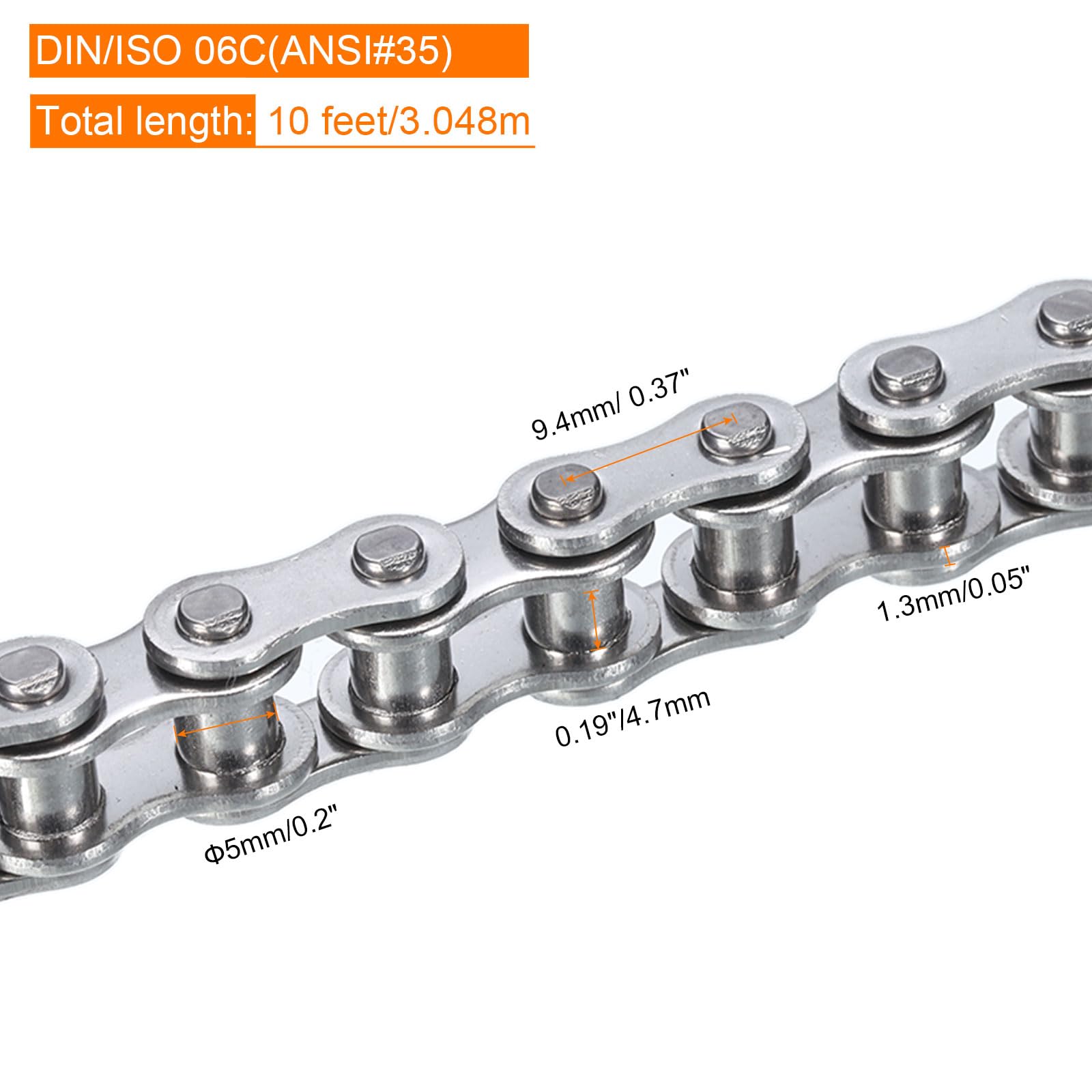 QUARKZMAN #35/ DIN/ISO 06C Catena A Rulli 10 Piedi Passo 3/8" Catene A Rulli In Acciaio Inox Con 1 Collegamento Master Gratuito Per Go-kart, Biciclette, 320 Maglie