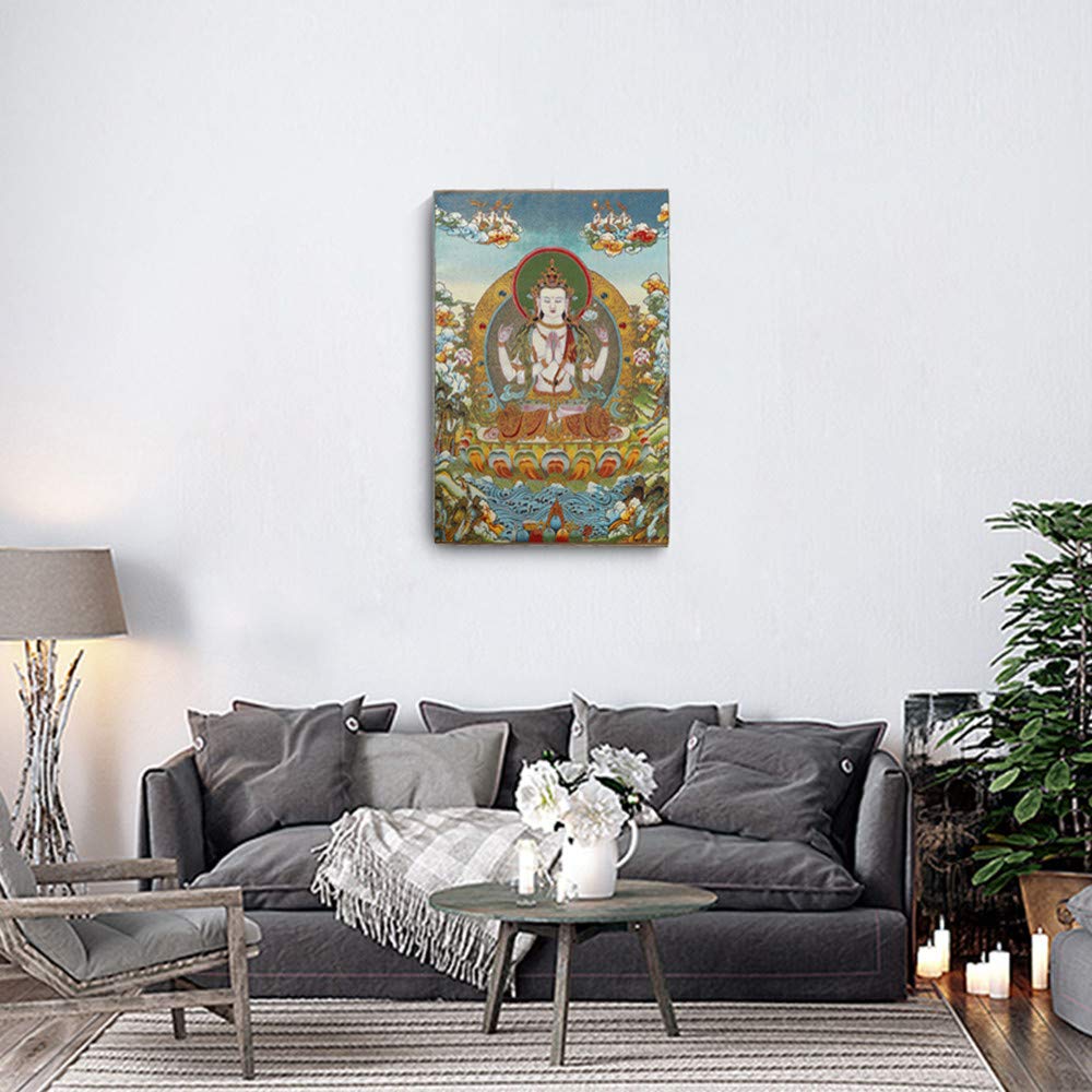 Prime Feng Shui - Thangka tibetano ricamato in seta, con Tara verde/ Buddha kashgari/Kwan Yin a quattro braccia/Avalokitesvara, da appendere alla parete, decorazione per la casa, per meditazione Kt038