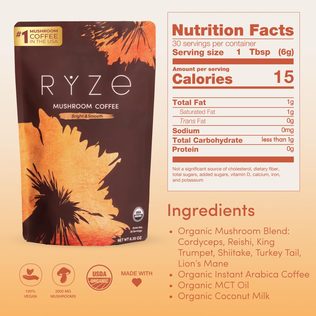 RYZE SUPERFOODS Mushroom Medium Roast Coffee USDA Organic with 6 Adaptogenic Mushrooms USA Grown Instant Coffee for Better — view 6