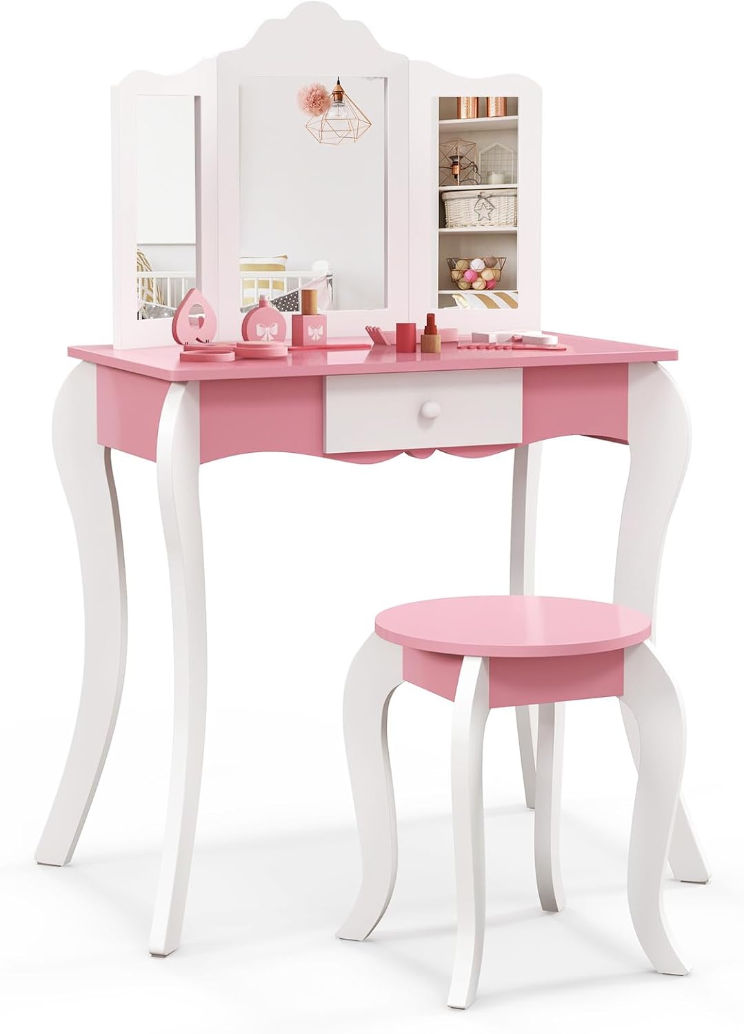 HONEY JOY Kids Vanity, Toddler Wooden Makeup Vanity Table