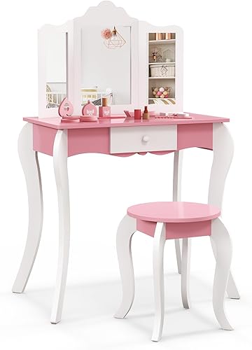Miniatura 2 de HONEY JOY Vanity - Juego de mesa y silla de maquillaje de madera para niños, espejo de princesa de tres pliegues, juego de tocador para niñas