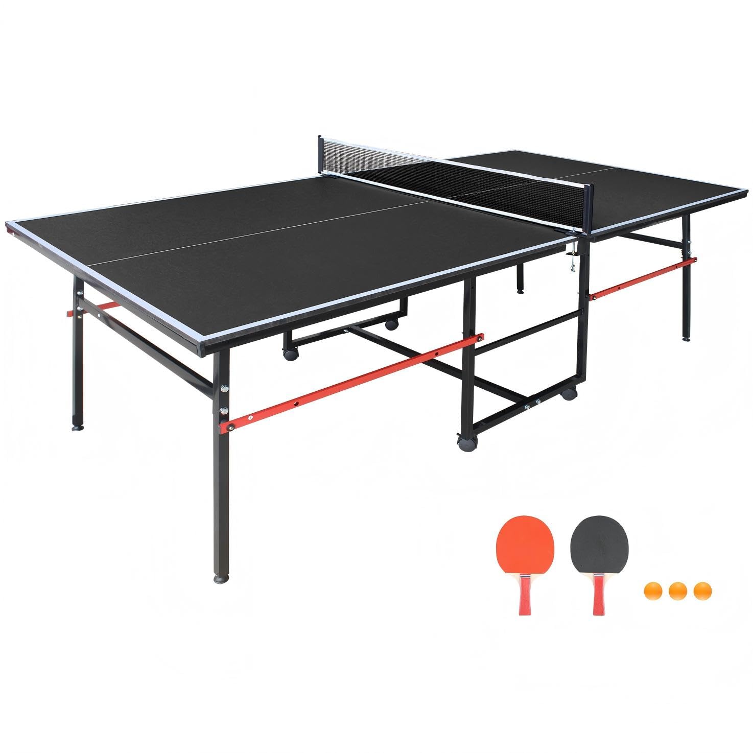 Compact Ping Pong Table, 8ft Mid-Size Indoor/Outdoor Table Tennis Game Set, Foldable Table Tennis Table with Net, 2 Table Tennis Paddles and 3 Balls, Black