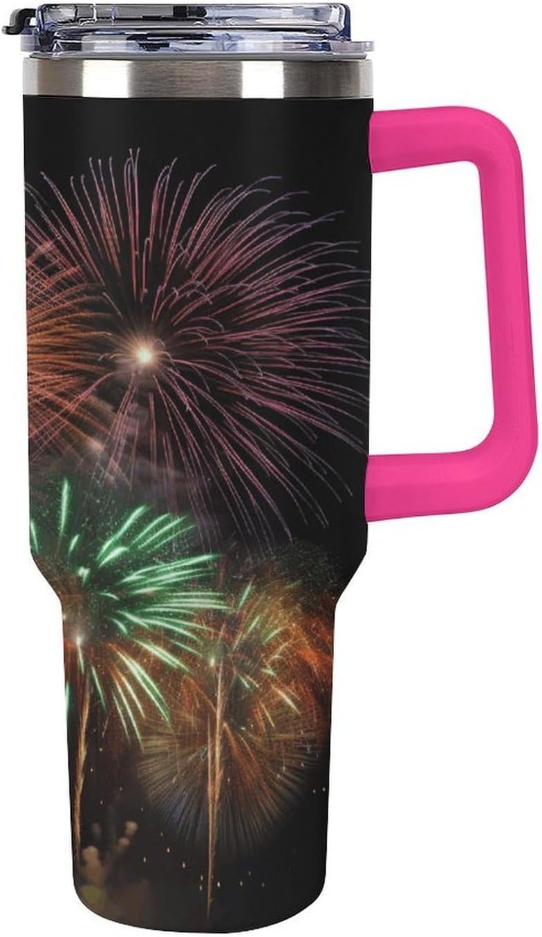 Large Car Cup with Handle&Lid Fashion Splendid Fireworks Tumbler Sturdy Insulated Water Bottle Stainless Steel Vacuum Travel Mug Portable Coffee Cup for Home Outdoor 40 Oz Light Rose Red-style