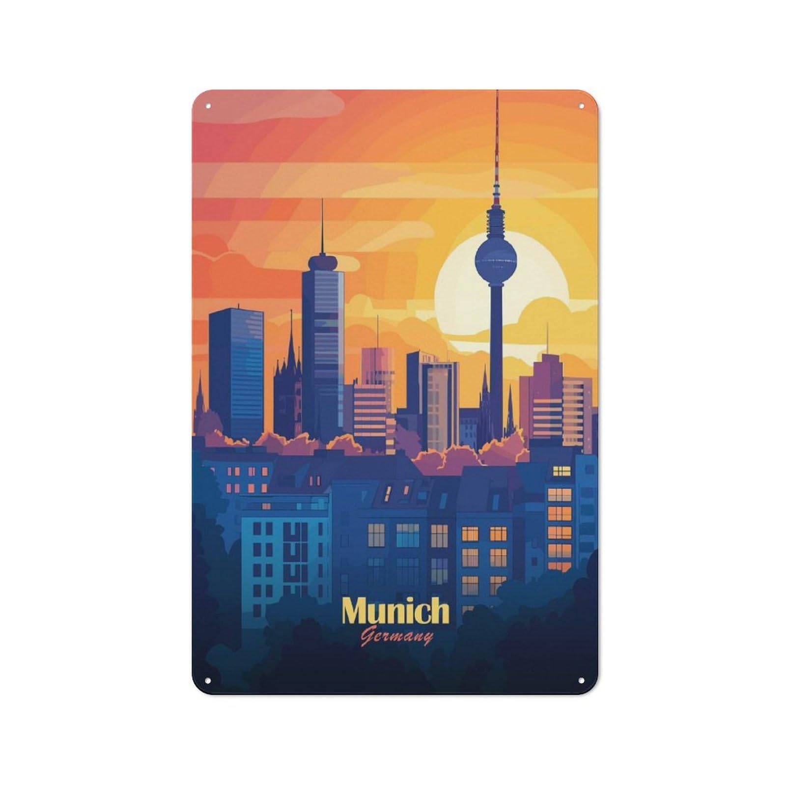 Junmoney Style-17 Munich Skyline Sunset Tin Wall Plaque 30X20cm, Barn Style Rustic Kitchen Decor For Farmhouse Kitchen, Pantry Or Dining Area