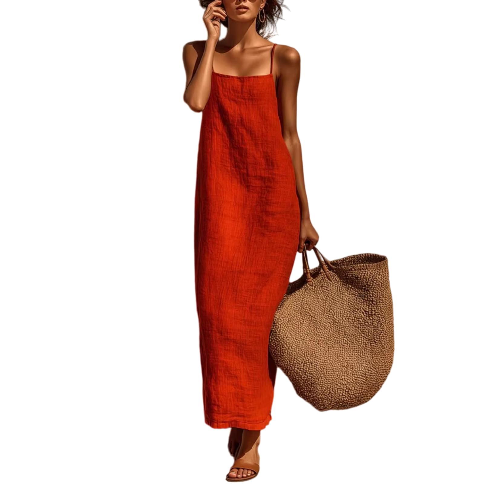 Generico Maxi Abito Vintage da Donna in Cotone, Scollo Quadrato e Spalline Sottili, Senza Maniche, Schiena Scoperta, Stile Boho-Chic ed Elegante per L'Estate e Il Resort