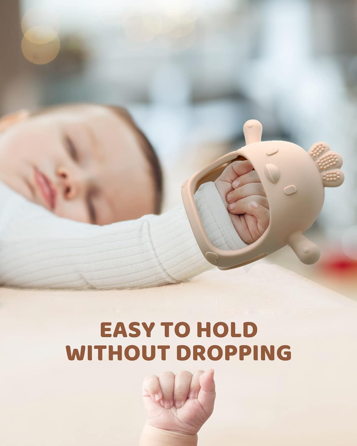 KESI ORNAMENTS Baby Teething Toys, Never Drop Hand Wrist Teether, Baby Chew Toys for Sucking Needs, Silicone Baby Mitten Teether for Soothing Teething Pain Relief, Easy to Grip (Beige) - Image 5 thumbnail