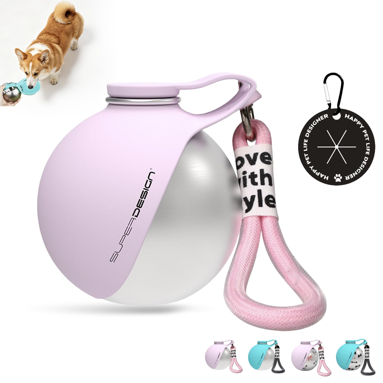 Auveach Portable Dog Water Bottle, 285ml Stainless Steel Dog Water Bottles for Walking with Dog Poop Bag Holder, Dog Drinking Bottle with Foldable Silicone Bowl for Travel Outdoor Hiking (Pink)